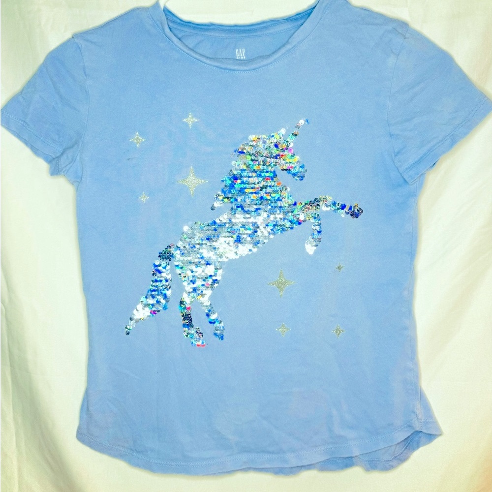 Gap Girls Cotton Sequin Unicorn T-Shirt, Light Blue, Sequin Rainbow, Size M/ 8
